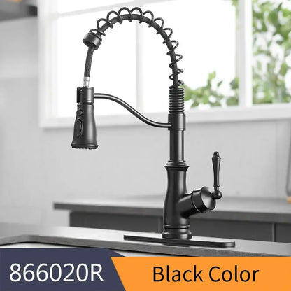 Matte black spring spout kitchen faucet with pull down hose