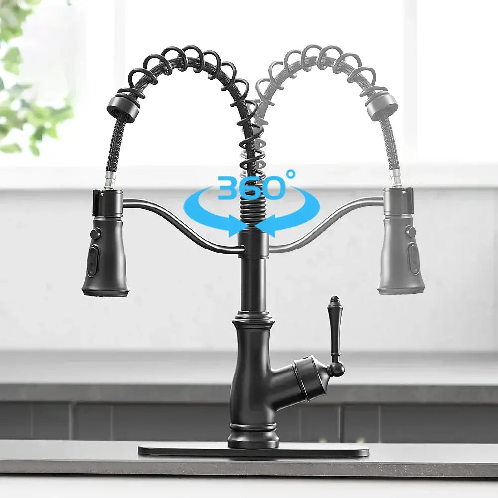 Matte black spring spout kitchen faucet with pull down hose