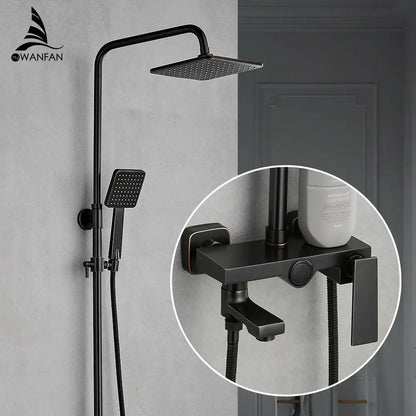 Matte black square rain shower faucet with handheld spray bathroom