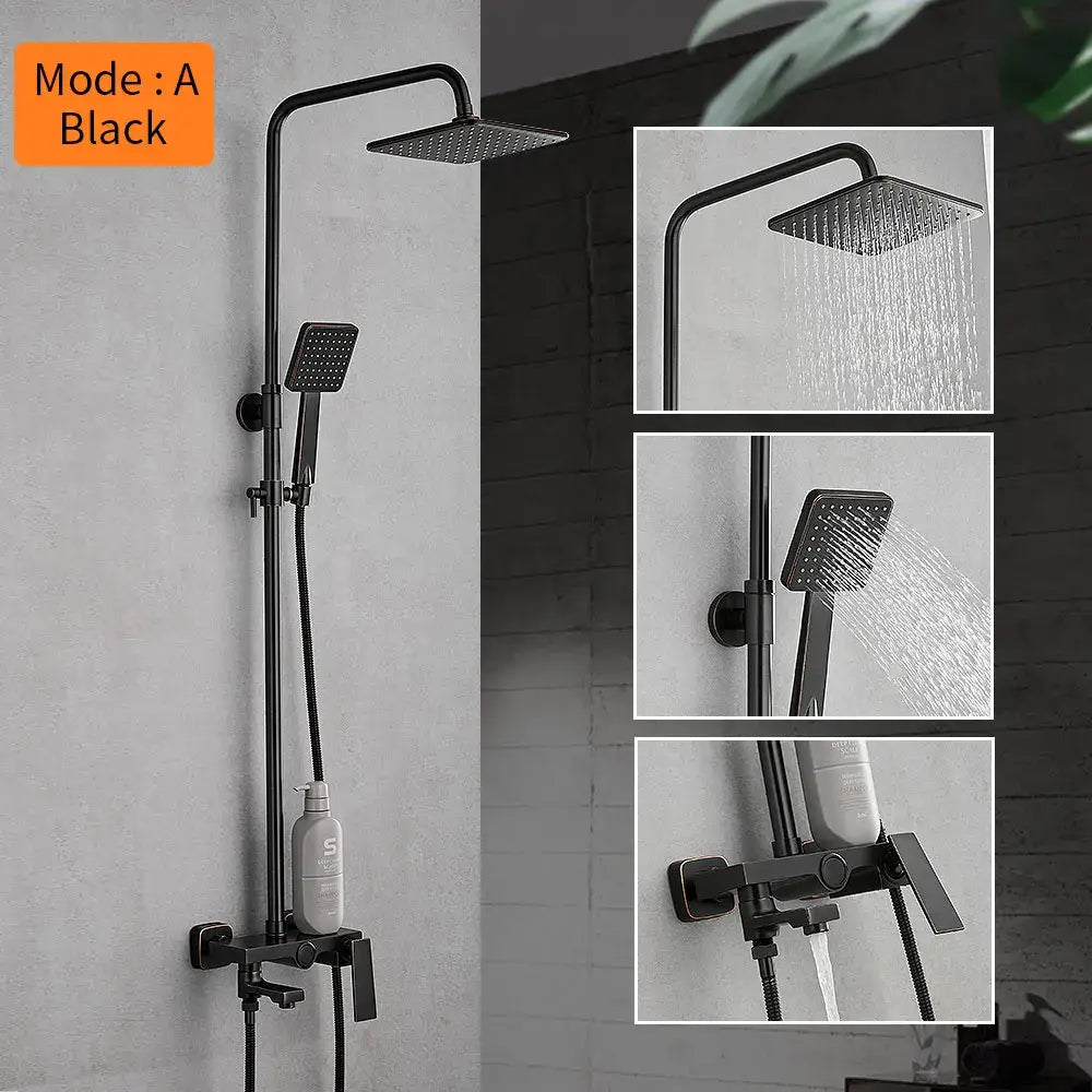 Matte black square rain shower faucet with handheld spray bathroom