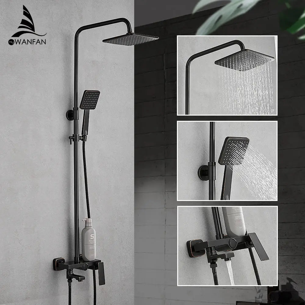 Matte black square rain shower faucet with handheld spray bathroom