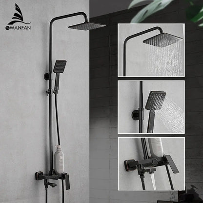 Matte black square rain shower faucet with handheld spray bathroom