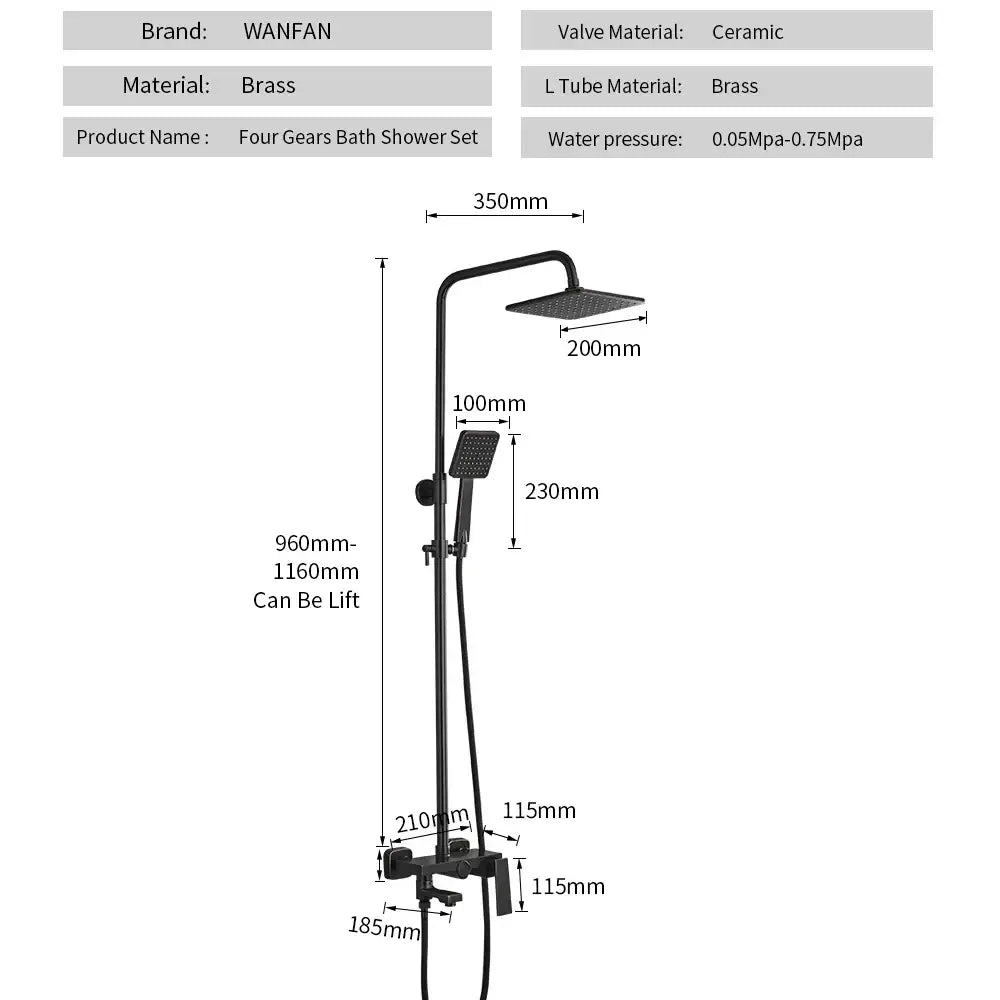 Matte black square rain shower faucet with handheld spray bathroom