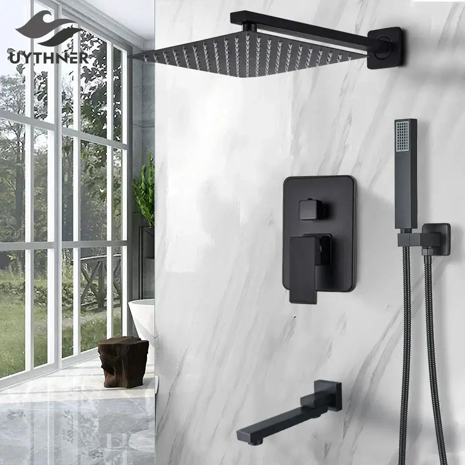 Matte black square rainfall shower faucet set for bathroom handheld spray