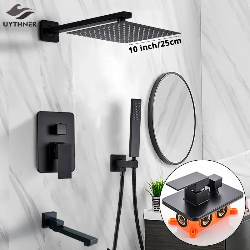 Matte black square rainfall shower faucet set for bathroom handheld spray