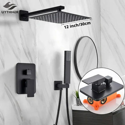 Matte black square rainfall shower faucet set for bathroom handheld spray