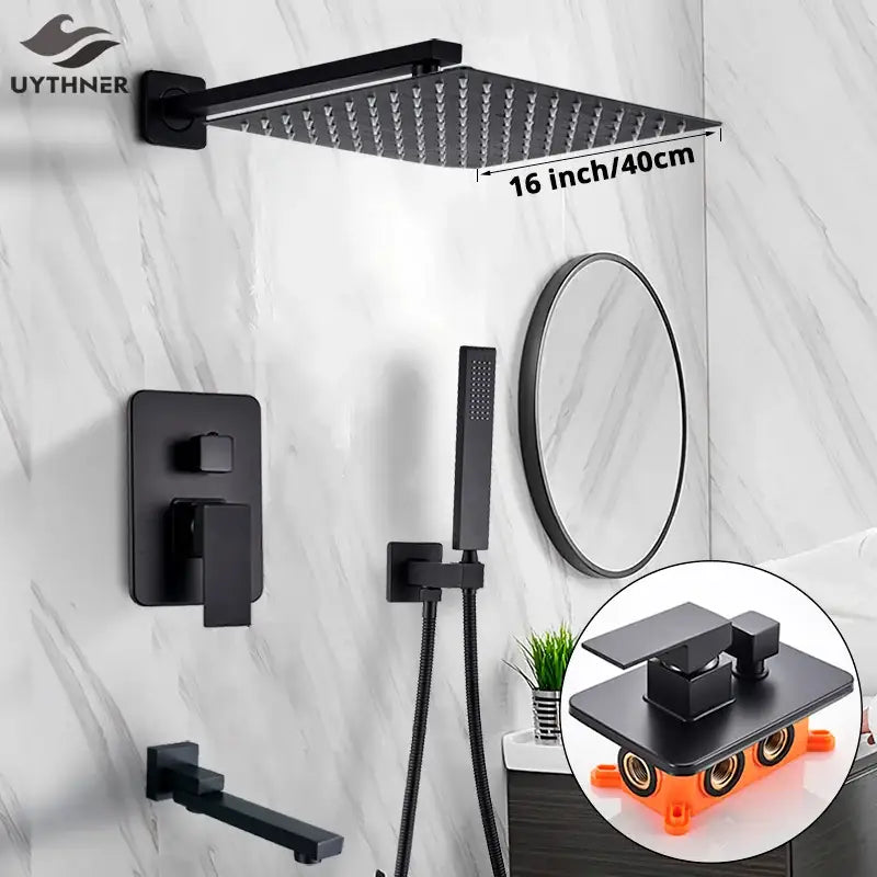 Matte black square rainfall shower faucet set for bathroom handheld spray