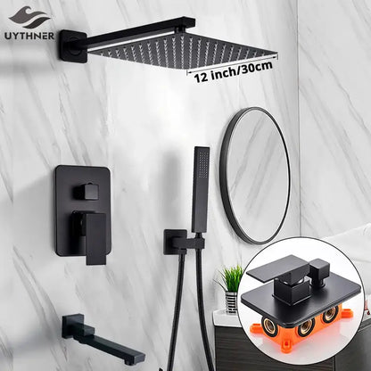 Matte black square rainfall shower faucet set for bathroom handheld spray