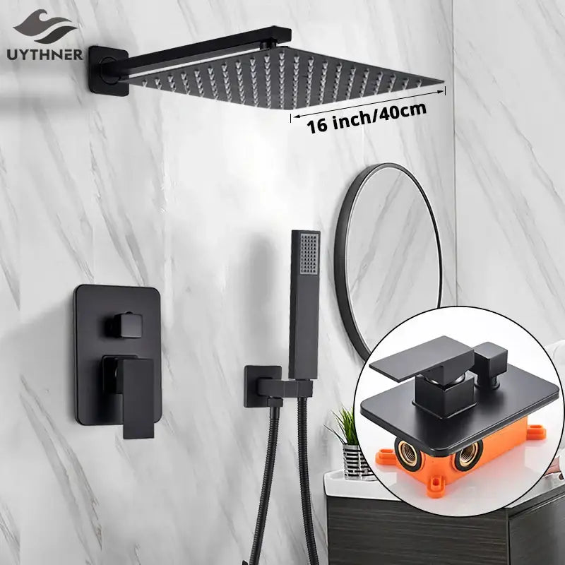 Matte black square rainfall shower faucet set for bathroom handheld spray