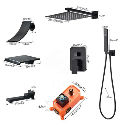 Matte black square rainfall shower faucet set for bathroom handheld spray