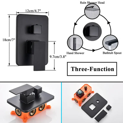 Matte black square rainfall shower faucet set for bathroom handheld spray