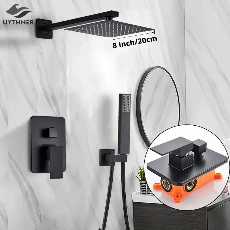 Matte black square rainfall shower faucet set for bathroom handheld spray