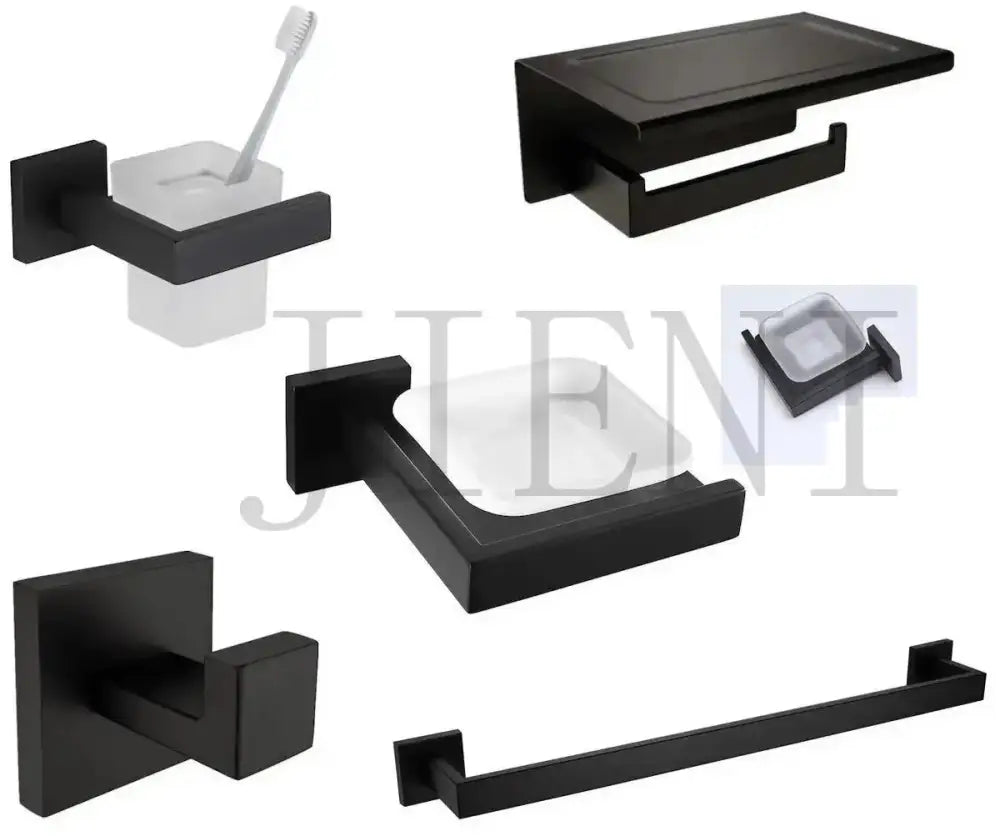 Matte black stainless steel bathroom hardware set with frosted glass