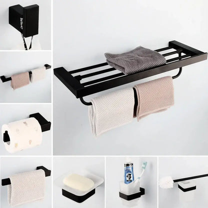 Matte black stainless steel bathroom hardware set with frosted glass