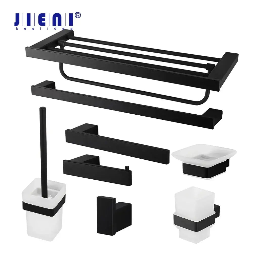 Matte black stainless steel bathroom hardware set with frosted glass