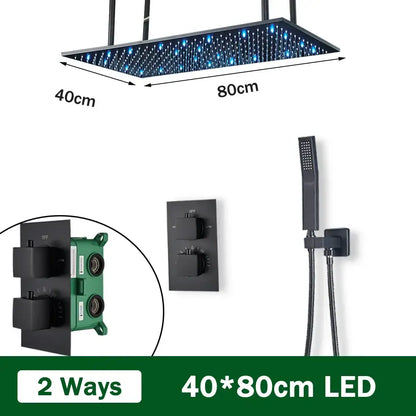 Matte black thermostatic shower faucet with ceiling shower head bathroom