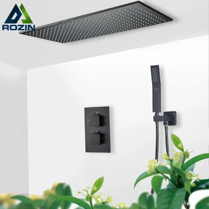 Matte black thermostatic shower faucet with ceiling shower head bathroom
