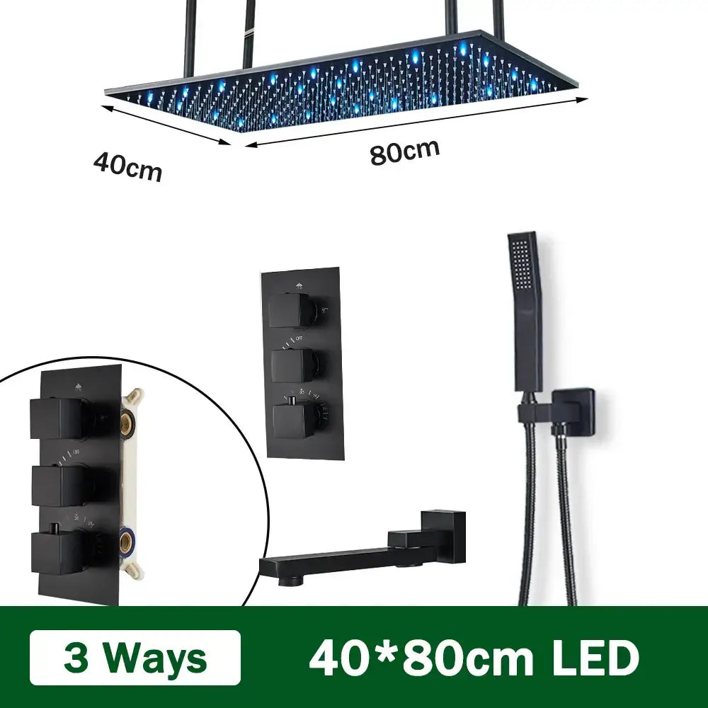 Matte black thermostatic shower faucet with ceiling shower head bathroom