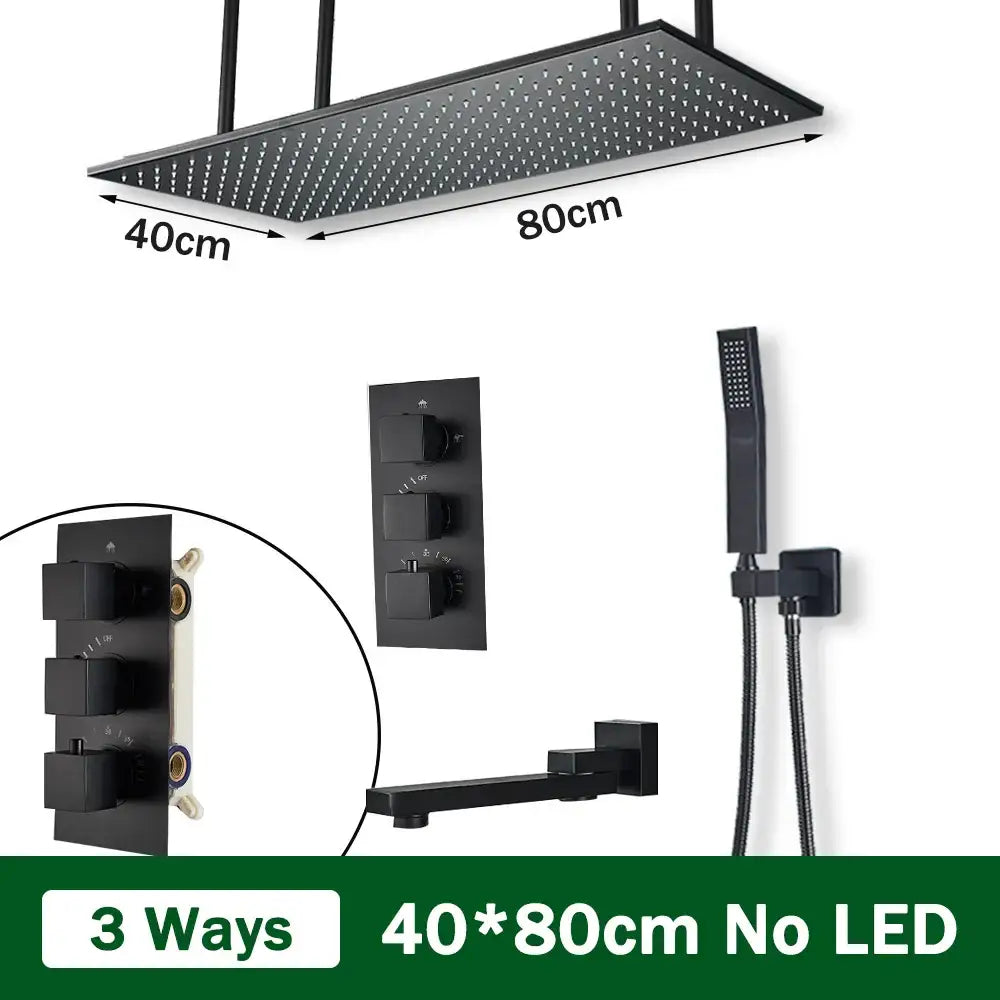 Matte black thermostatic shower faucet with ceiling shower head bathroom