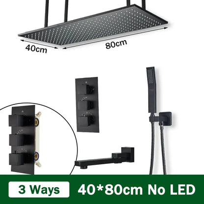 Matte black thermostatic shower faucet with ceiling shower head bathroom
