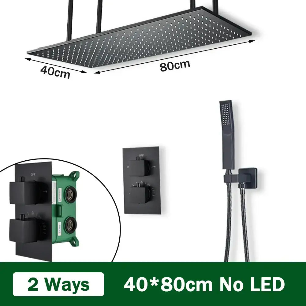 Matte black thermostatic shower faucet with ceiling shower head bathroom