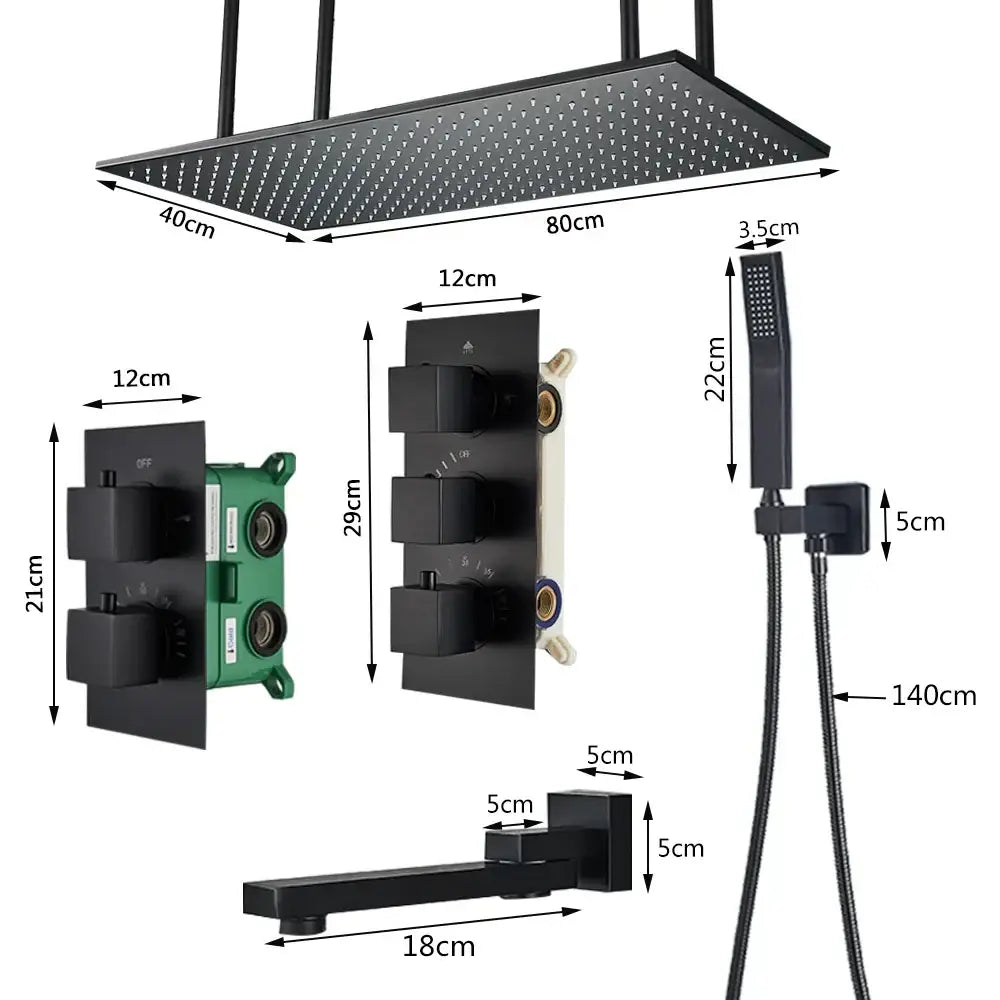 Matte black thermostatic shower faucet with ceiling shower head bathroom