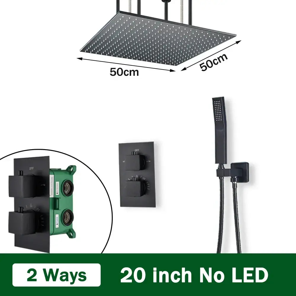 Matte black thermostatic shower faucet with ceiling shower head bathroom