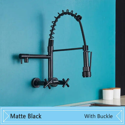 Matte black wall mounted kitchen faucet with gooseneck spout