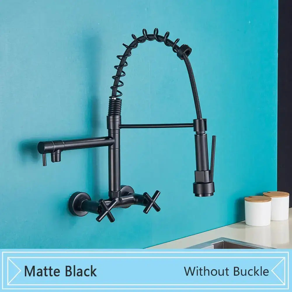 Matte black wall mounted kitchen faucet with gooseneck spout