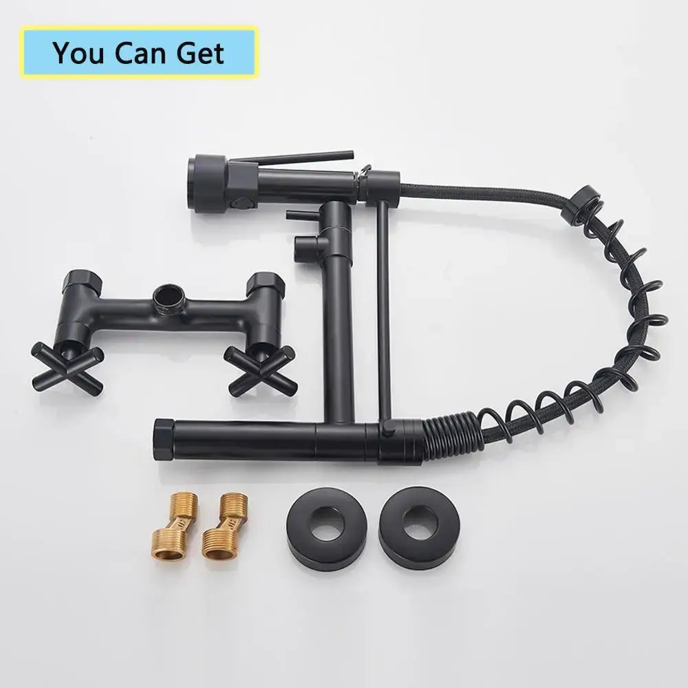 Matte black wall mounted kitchen faucet with gooseneck spout