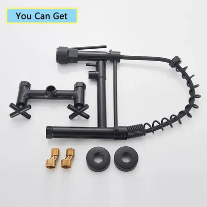 Matte black wall mounted kitchen faucet with gooseneck spout