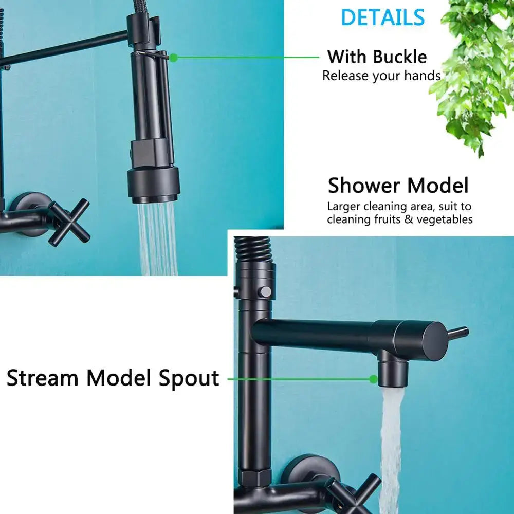 Matte black wall mounted kitchen faucet with gooseneck spout