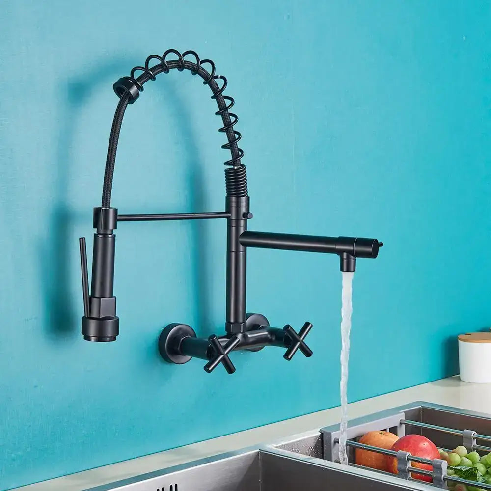 Matte black wall mounted kitchen faucet with gooseneck spout