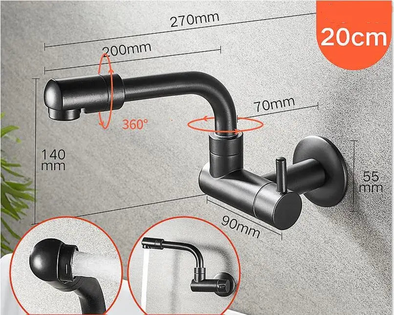Matte black wall mounted kitchen faucet with rotating spout