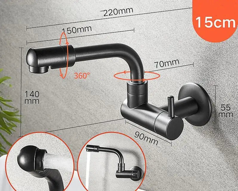 Matte black wall mounted kitchen faucet with rotating spout
