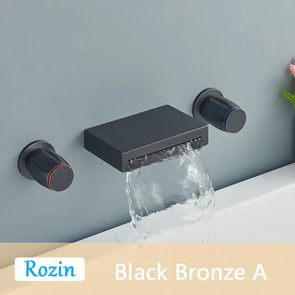 Matte black wall mounted waterfall bathroom faucet with dual handles