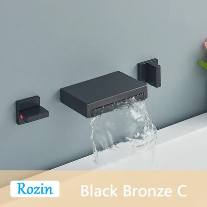 Matte black wall mounted waterfall bathroom faucet with dual handles