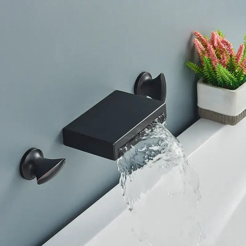 Matte black wall mounted waterfall bathroom faucet with dual handles