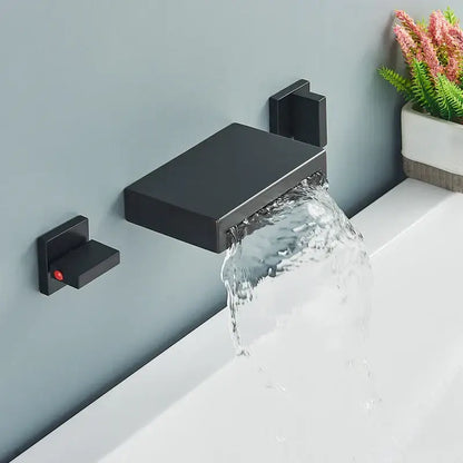 Matte black wall mounted waterfall bathroom faucet with dual handles