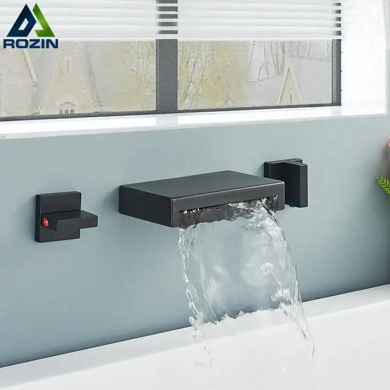 Matte black wall mounted waterfall bathroom faucet with dual handles
