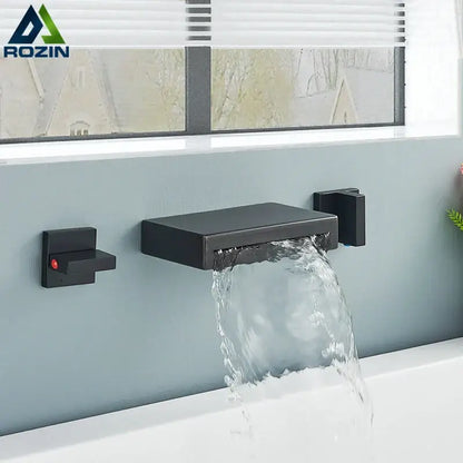 Matte black wall mounted waterfall bathroom faucet with dual handles