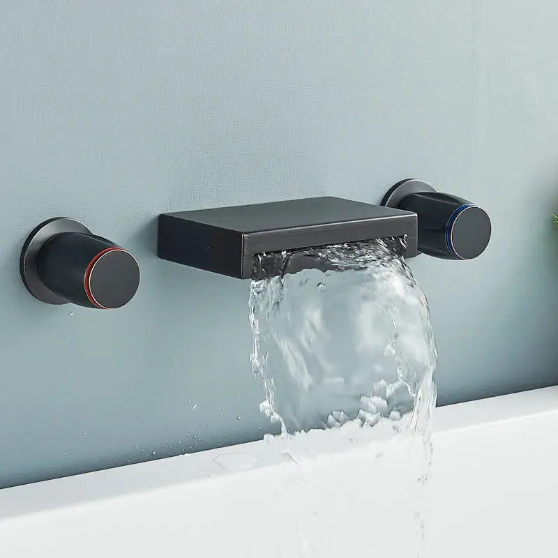 Matte black wall mounted waterfall bathroom faucet with dual handles