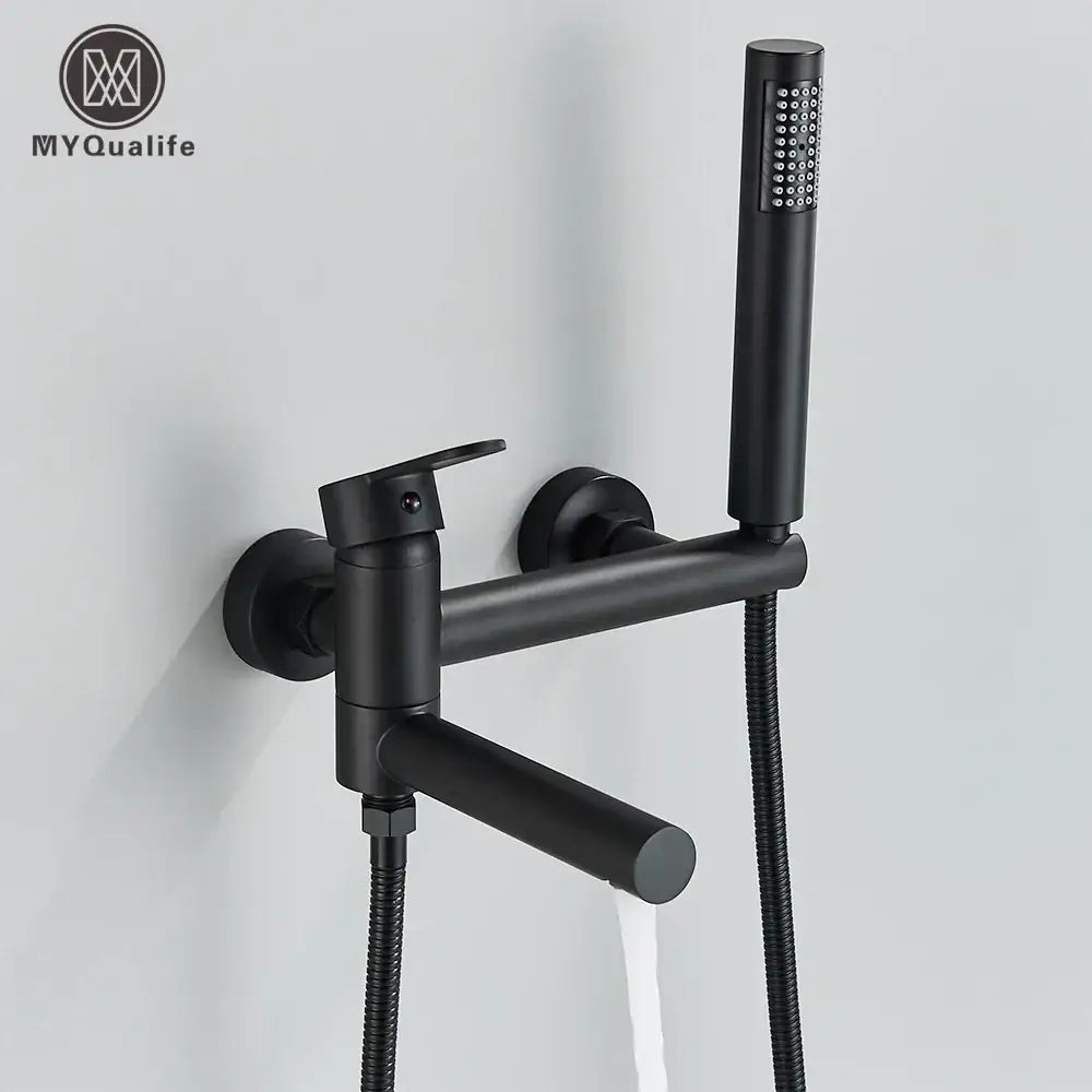 Matte black wall mounted waterfall bathtub faucet with handheld spray