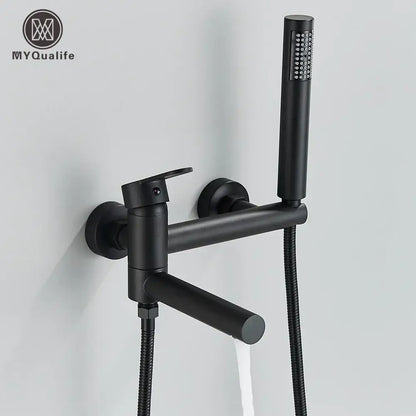 Matte black wall mounted waterfall bathtub faucet with handheld spray