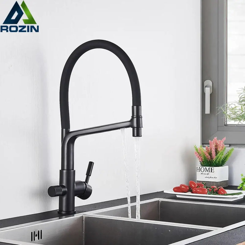 Matte black water filter kitchen faucet pull down gooseneck tap