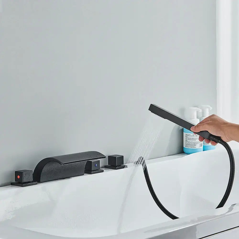 Matte black waterfall led bathtub faucet set with handheld shower bathroom