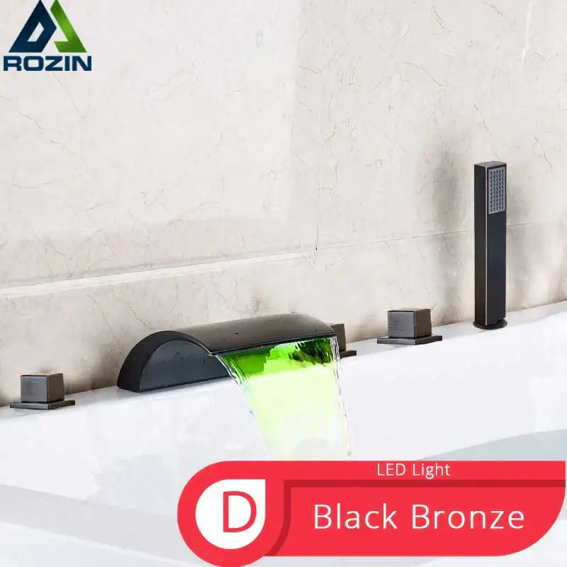 Matte black waterfall led bathtub faucet set with handheld shower bathroom
