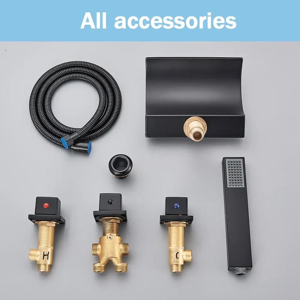 Matte black waterfall led bathtub faucet set with handheld shower bathroom