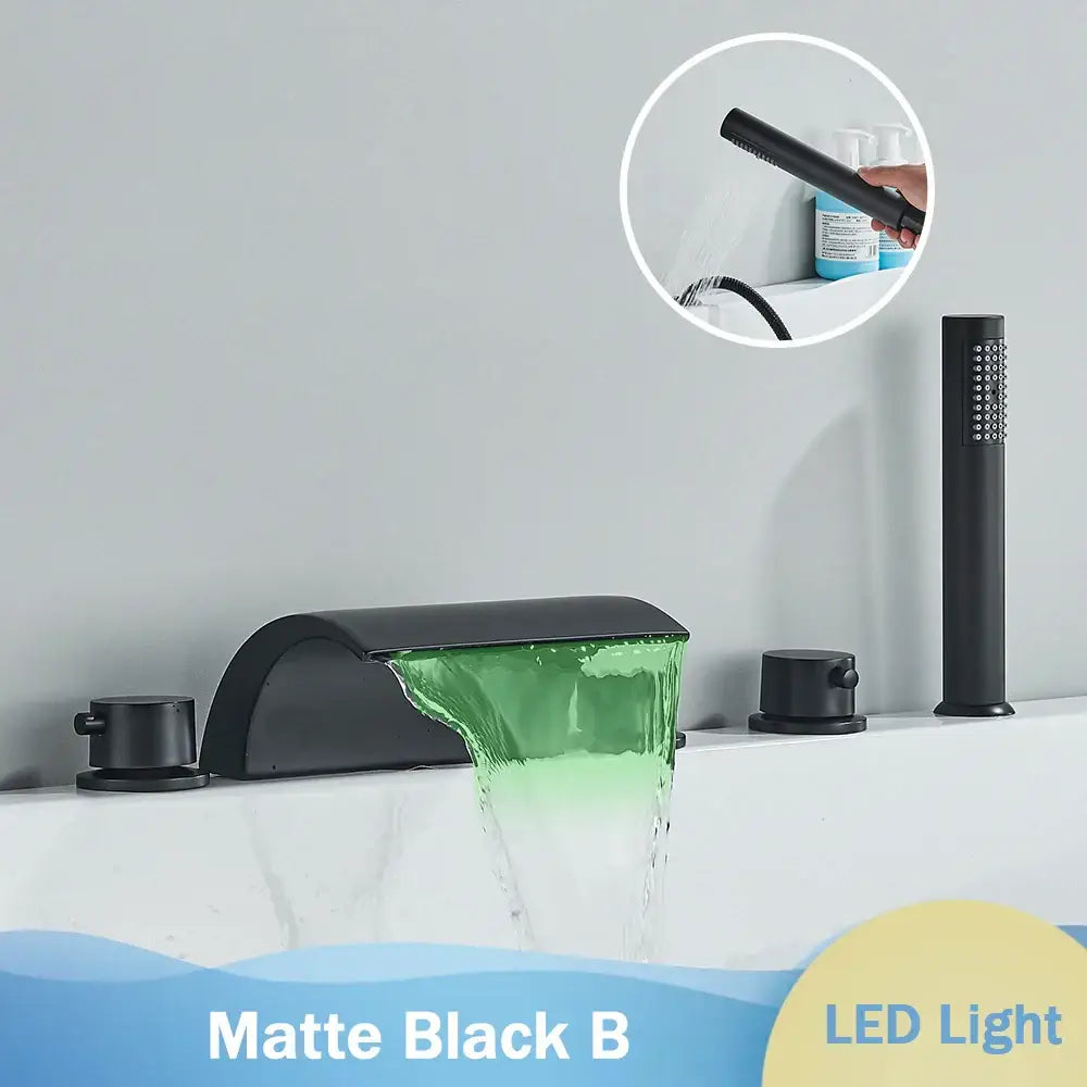 Matte black waterfall led bathtub faucet set with handheld shower bathroom