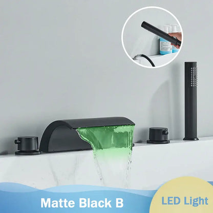 Matte black waterfall led bathtub faucet set with handheld shower bathroom